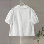 Lace Up Doll Collar Shirt Skirt Sets Short Puff Sleeve Top Suit Pleat Mini Skirts nowadaysfashion