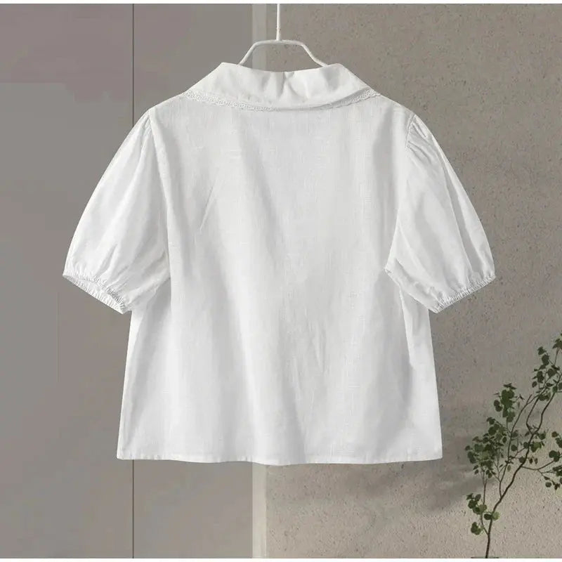 Lace Up Doll Collar Shirt Skirt Sets Short Puff Sleeve Top Suit Pleat Mini Skirts - Blade & Thread