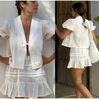Lace Up Doll Collar Shirt Skirt Sets Short Puff Sleeve Top Suit Pleat Mini Skirts nowadaysfashion