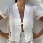 Lace Up Doll Collar Shirt Skirt Sets Short Puff Sleeve Top Suit Pleat Mini Skirts nowadaysfashion