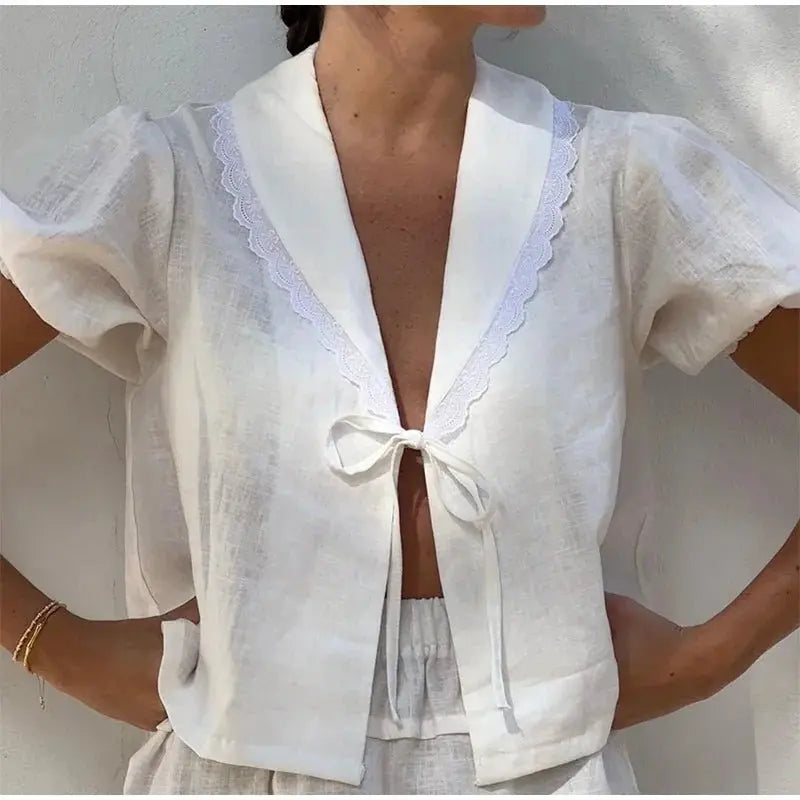Lace Up Doll Collar Shirt Skirt Sets Short Puff Sleeve Top Suit Pleat Mini Skirts - Blade & Thread