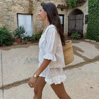 Lace Up Doll Collar Shirt Skirt Sets Short Puff Sleeve Top Suit Pleat Mini Skirts nowadaysfashion