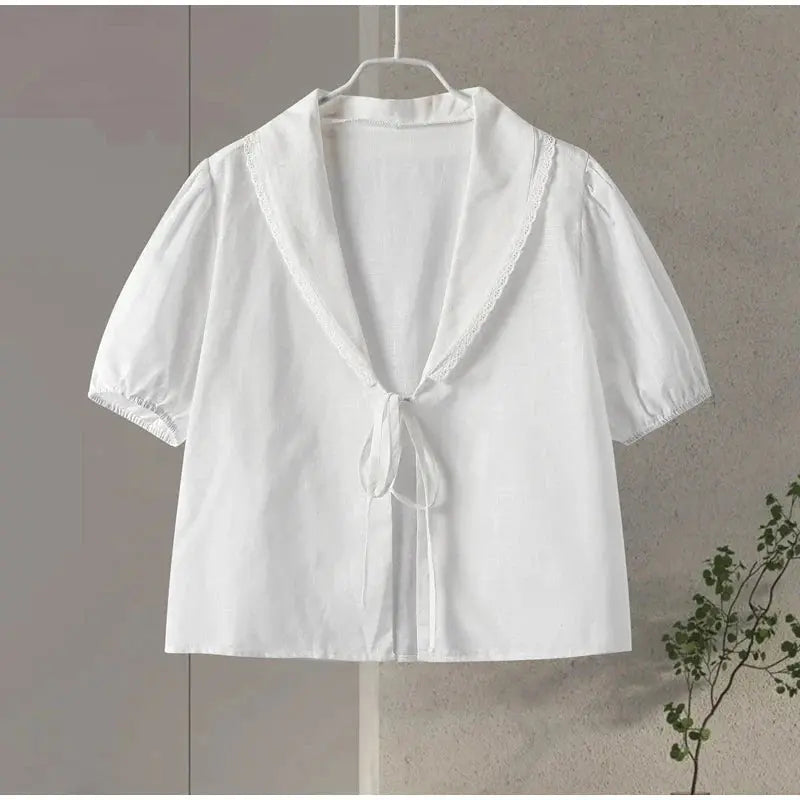 Lace Up Doll Collar Shirt Skirt Sets Short Puff Sleeve Top Suit Pleat Mini Skirts nowadaysfashion