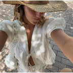 Lace Up Doll Collar Shirt Skirt Sets Short Puff Sleeve Top Suit Pleat Mini Skirts nowadaysfashion