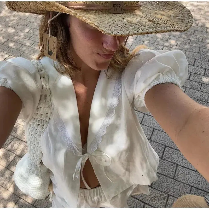Lace Up Doll Collar Shirt Skirt Sets Short Puff Sleeve Top Suit Pleat Mini Skirts nowadaysfashion