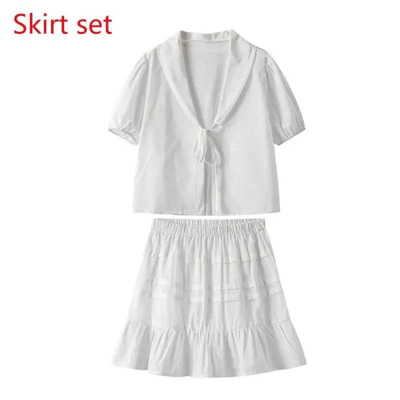 Lace Up Doll Collar Shirt Skirt Sets Short Puff Sleeve Top Suit Pleat Mini Skirts - Blade & Thread