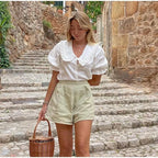 Lace Up Doll Collar Shirt Skirt Sets Short Puff Sleeve Top Suit Pleat Mini Skirts nowadaysfashion