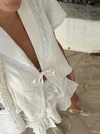 Lace Up Doll Collar Shirt Skirt Sets Short Puff Sleeve Top Suit Pleat Mini Skirts nowadaysfashion