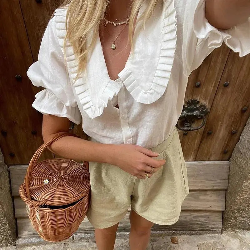 Lace Up Doll Collar Shirt Skirt Sets Short Puff Sleeve Top Suit Pleat Mini Skirts - Blade & Thread