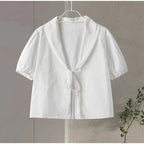 Lace Up Doll Collar Shirt Skirt Sets Short Puff Sleeve Top Suit Pleat Mini Skirts nowadaysfashion