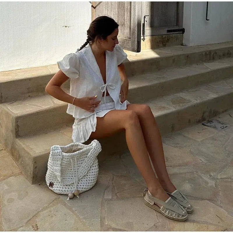 Lace Up Doll Collar Shirt Skirt Sets Short Puff Sleeve Top Suit Pleat Mini Skirts nowadaysfashion