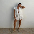 Lace Up Doll Collar Shirt Skirt Sets Short Puff Sleeve Top Suit Pleat Mini Skirts nowadaysfashion