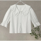Lace Up Doll Collar Shirt Skirt Sets Short Puff Sleeve Top Suit Pleat Mini Skirts nowadaysfashion