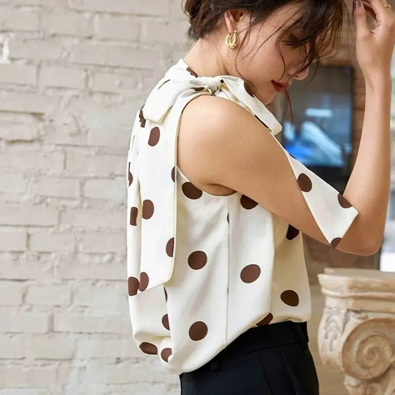 Ladies Halter Camisole Women Polka Dot Outwear Chiffon Shirts Loose Sleeveless Tops - Blade & Thread