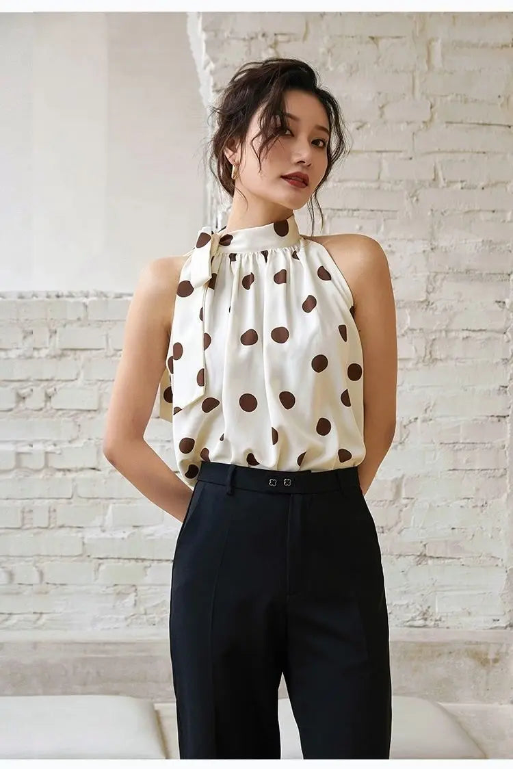 Ladies Halter Camisole Women Summer Retro Polka Dot Outwear Loose Sleeveless Tops - Blade & Thread