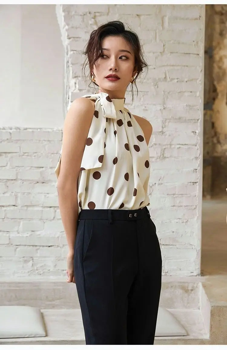 Ladies Halter Camisole Women Summer Retro Polka Dot Outwear Loose Sleeveless Tops - Blade & Thread