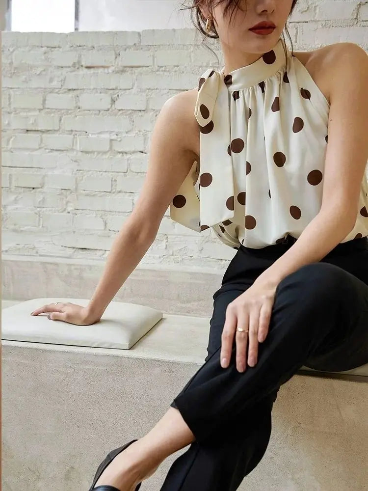 Ladies Halter Camisole Women Summer Retro Polka Dot Outwear Loose Sleeveless Tops - Blade & Thread