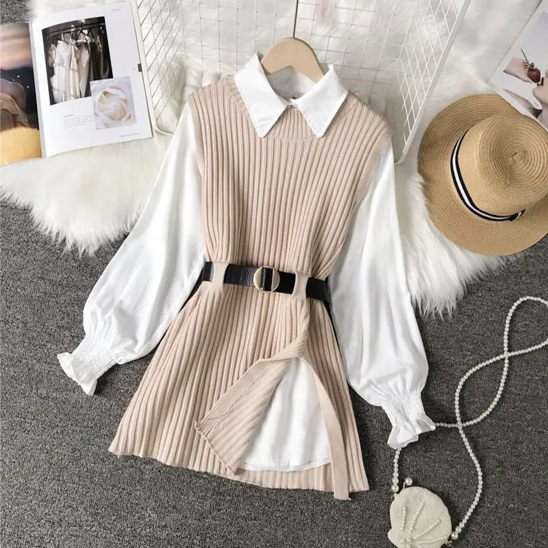 lantern sleeve shirt fashion 2021 women's knitted vest two piece sets of College style - Blade & Thread
