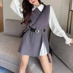 lantern sleeve shirt fashion 2021 women's knitted vest two piece sets of College style- nowadaysfashion