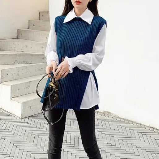 lantern sleeve shirt fashion 2021 women's knitted vest two piece sets of College style- nowadaysfashion