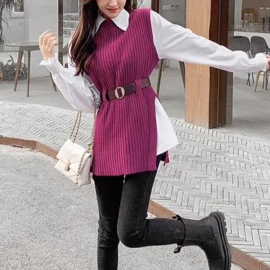 lantern sleeve shirt fashion 2021 women's knitted vest two piece sets of College style- nowadaysfashion