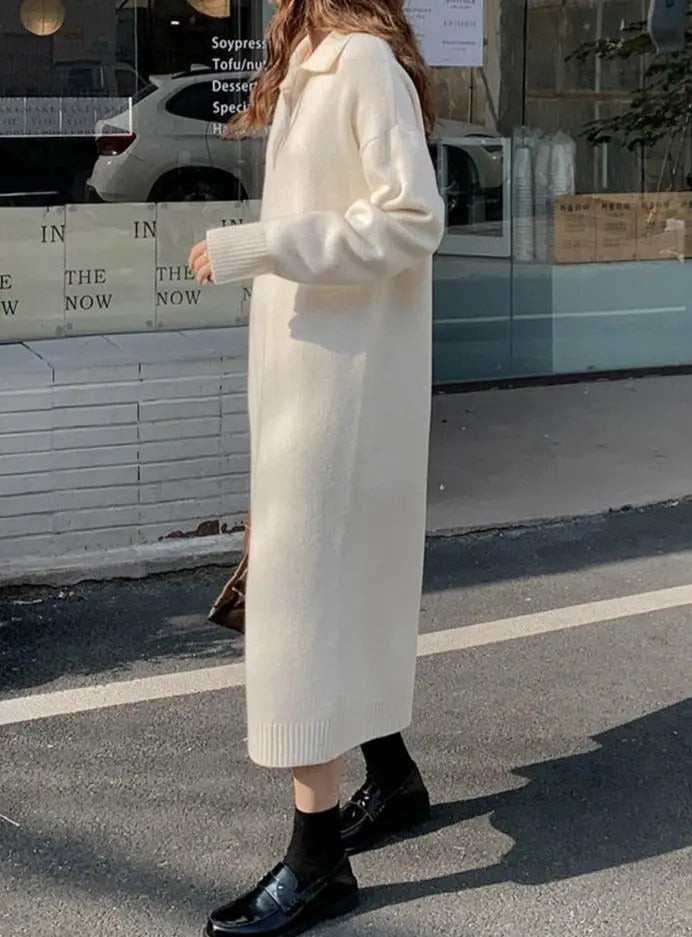 Lapel Full Sleeve Solid Long Knitted Dress Female vestidos nowadaysfashion