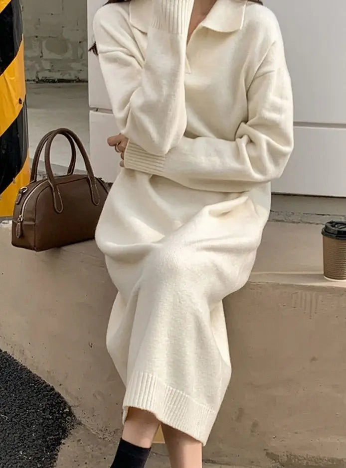 Lapel Full Sleeve Solid Long Knitted Dress Female vestidos nowadaysfashion