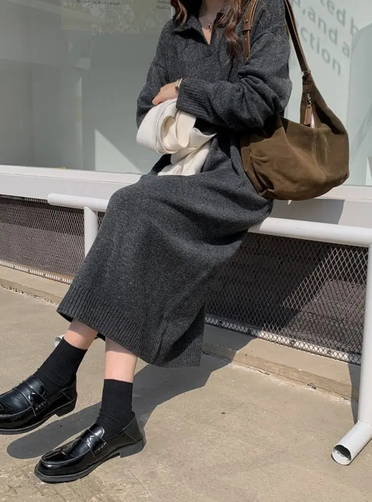 Lapel Full Sleeve Solid Long Knitted Dress Female vestidos nowadaysfashion