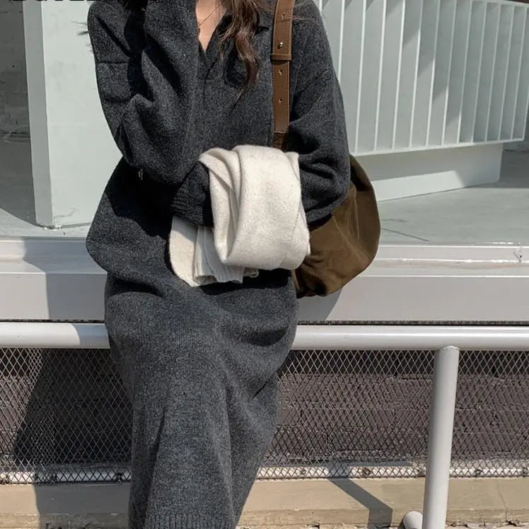 Lapel Full Sleeve Solid Long Knitted Dress Female vestidos - Blade & Thread