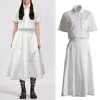 Lapel short-sleeved shirt + skirt lace embroidery two-piece suit for women nowadaysfashion