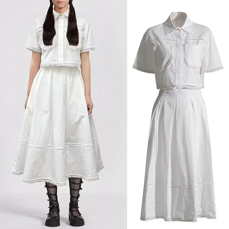 Lapel short-sleeved shirt + skirt lace embroidery two-piece suit for women nowadaysfashion