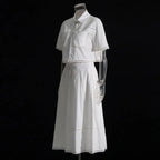 Lapel short-sleeved shirt + skirt lace embroidery two-piece suit for women nowadaysfashion