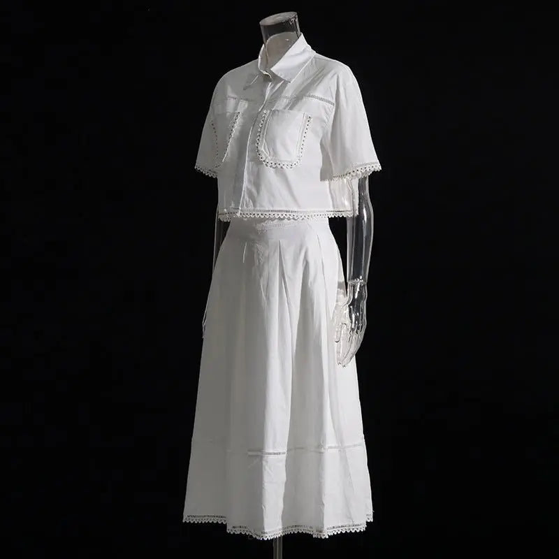 Lapel short-sleeved shirt + skirt lace embroidery two-piece suit for women - Blade & Thread