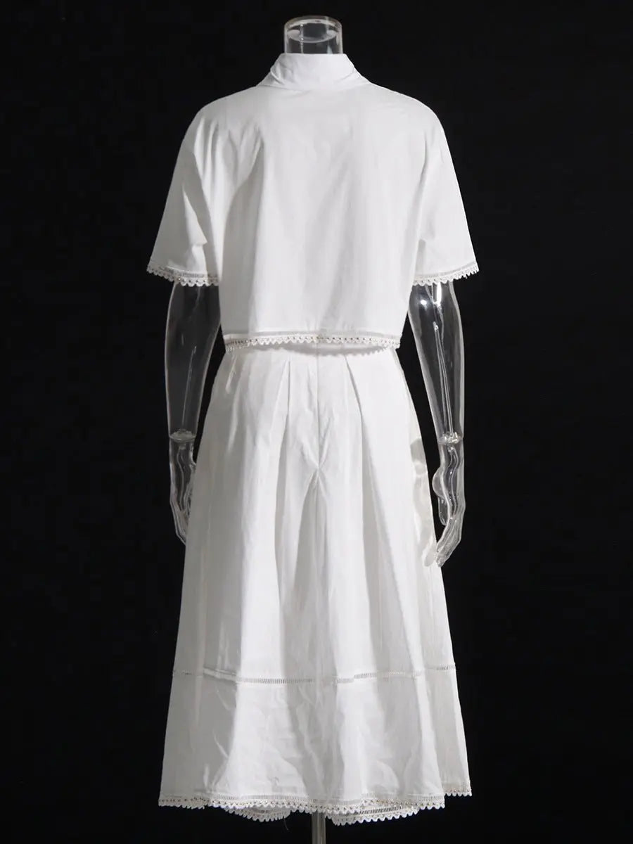 Lapel short-sleeved shirt + skirt lace embroidery two-piece suit for women nowadaysfashion
