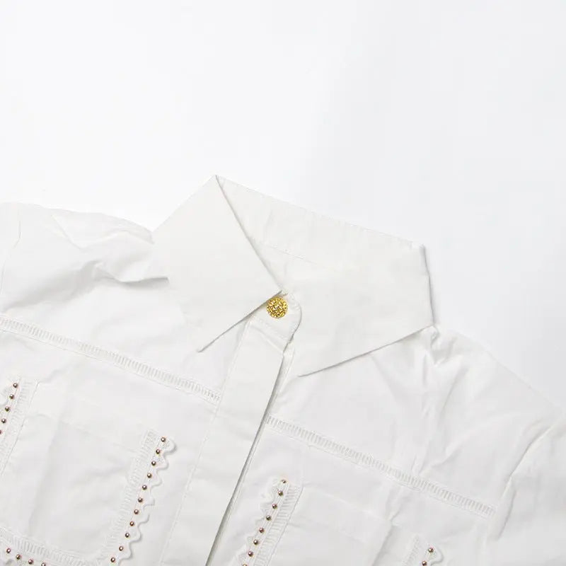 Lapel short-sleeved shirt + skirt lace embroidery two-piece suit for women nowadaysfashion