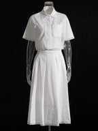 Lapel short-sleeved shirt + skirt lace embroidery two-piece suit for women nowadaysfashion