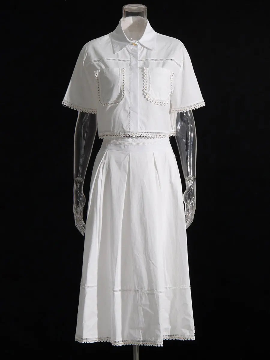 Lapel short-sleeved shirt + skirt lace embroidery two-piece suit for women - Blade & Thread