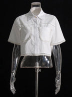 Lapel short-sleeved shirt + skirt lace embroidery two-piece suit for women nowadaysfashion