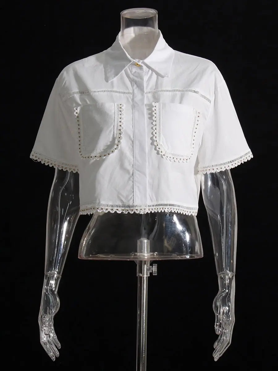 Lapel short-sleeved shirt + skirt lace embroidery two-piece suit for women nowadaysfashion