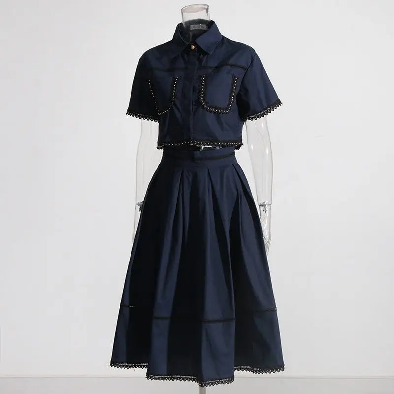 Lapel short-sleeved shirt + skirt lace embroidery two-piece suit for women - Blade & Thread
