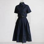 Lapel short-sleeved shirt + skirt lace embroidery two-piece suit for women nowadaysfashion