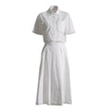 Lapel short-sleeved shirt + skirt lace embroidery two-piece suit for women nowadaysfashion
