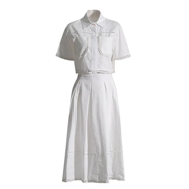 Lapel short-sleeved shirt + skirt lace embroidery two-piece suit for women nowadaysfashion