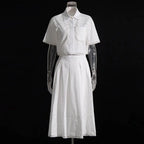 Lapel short-sleeved shirt + skirt lace embroidery two-piece suit for women nowadaysfashion