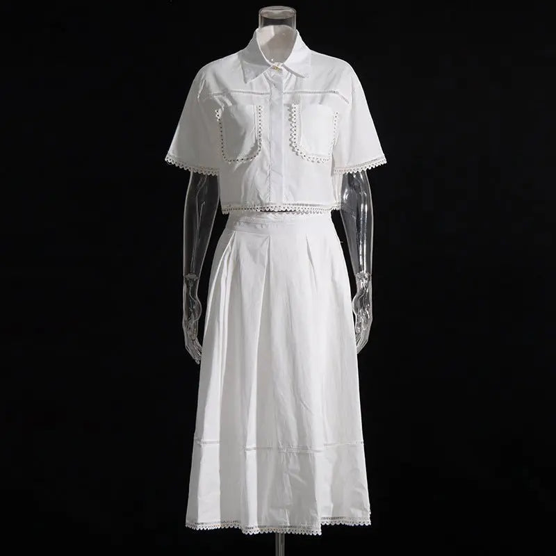 Lapel short-sleeved shirt + skirt lace embroidery two-piece suit for women - Blade & Thread