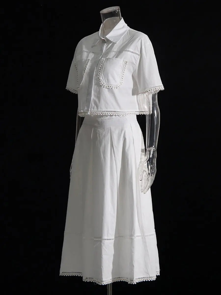 Lapel short-sleeved shirt + skirt lace embroidery two-piece suit for women - Blade & Thread