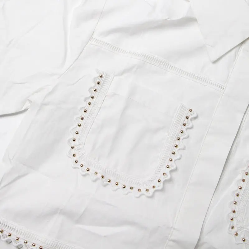 Lapel short-sleeved shirt + skirt lace embroidery two-piece suit for women - Blade & Thread