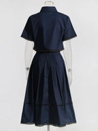 Lapel short-sleeved shirt + skirt lace embroidery two-piece suit for women nowadaysfashion