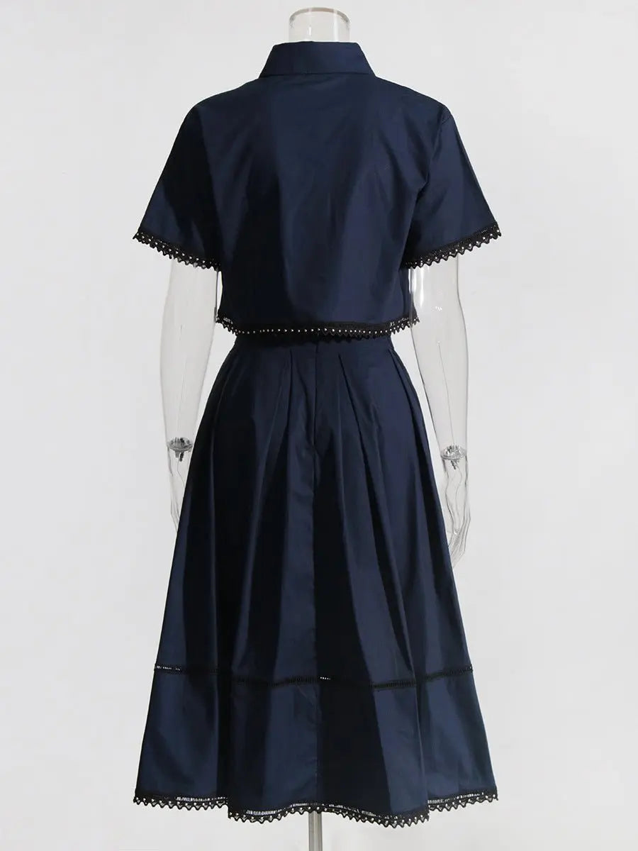 Lapel short-sleeved shirt + skirt lace embroidery two-piece suit for women nowadaysfashion