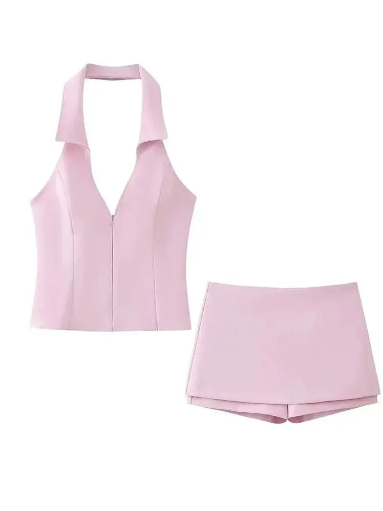 Lapel V- Neck Sleeveless Halter Tops Hip Package Mini Skirt Two Pieces Sets Female Streetwear - Blade & Thread